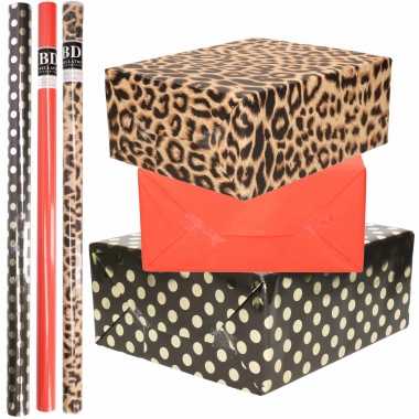 6x rollen kraft inpakpapier/folie pakket tijgerprint/rood/zwart met gouden stippen 200x70 cm