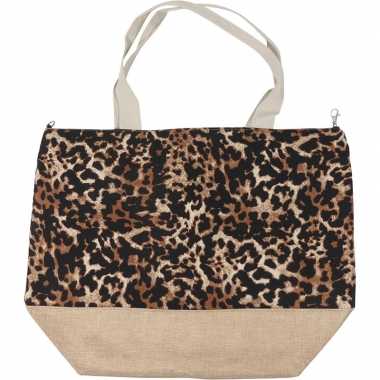 Strandtas/schoudertas bruine met tijger print 52 cm