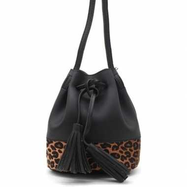 Zwarte/bruine tijgerprint schoudertas/cross body tas/bucket bag 30 cm