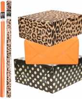 6x rollen kraft inpakpapier folie pakket tijgerprint oranje zwart met gouden stippen 200x70 cm