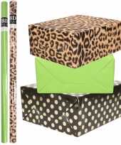 9x rollen kraft inpakpapier folie pakket tijgerprint groen zwart met gouden stippen 200 x 70 cm